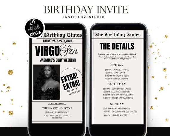 Editable Virgo Birthday Weekend Newspaper Invitation, Digital Virgo Birthday Girl Trip Newspaper Invite, Bday Itinerary, Canva Template