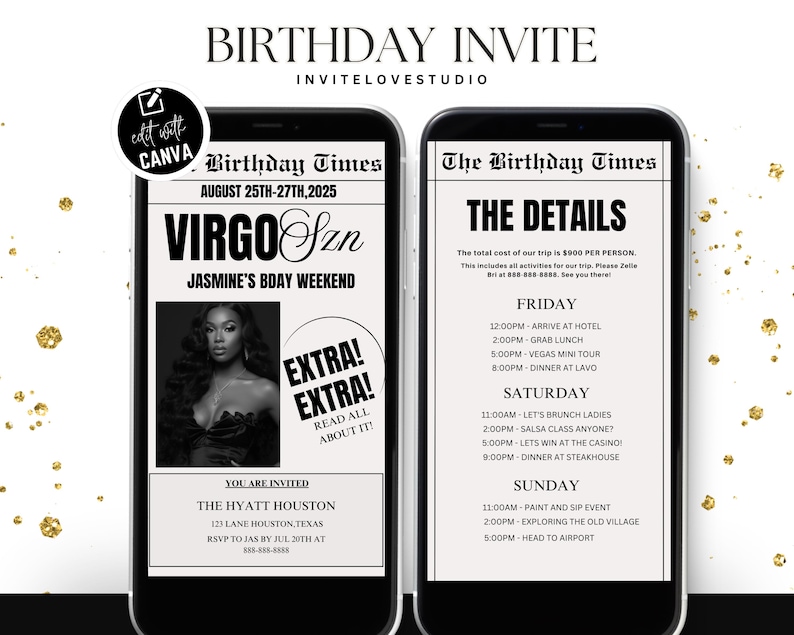 Editable Virgo Birthday Weekend Newspaper Invitation, Digital Virgo Birthday Girl Trip Newspaper Invite, Bday Itinerary, Canva Template