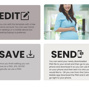 May include: A four-panel infographic with instructions on how to edit, save, and send a digital template. The first panel is gray with the word "EDIT" in black and a pencil icon. The second panel is a photo of a pregnant woman in a blue dress. The third panel is gray with the word "SAVE" in black and a download icon. The fourth panel is gray with the word "SEND" in black and a text message icon.