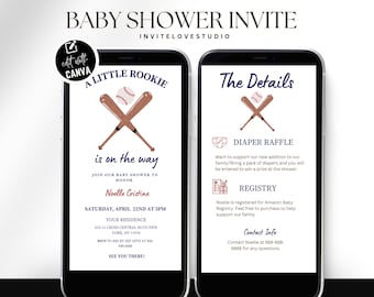 Convite editável para chá de bebê de beisebol, convite digital para chá de bebê de novato de beisebol, rifa, registro, modelo de anúncio do Canva