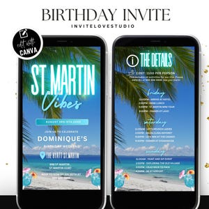 Puede incluir: Dos smartphones que muestran una invitación de cumpleaños con un tema tropical. La invitación dice "St. Martin Vibes" e incluye detalles del evento, fecha y lugar. El diseño presenta palmeras, una escena de playa e ilustraciones de cócteles.