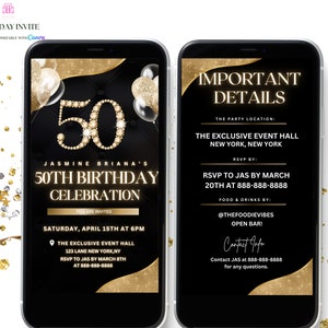 50th Black and Gold Birthday Birthday Party Invitation, 50th Glam Birthday Girl Invite,Diamonds Evite, Canva Editable Template Evite
