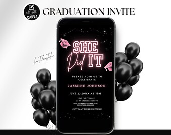 Pink She Did It Graduation Invite, Animated Grad Party Announcement (Digital Canva Template)