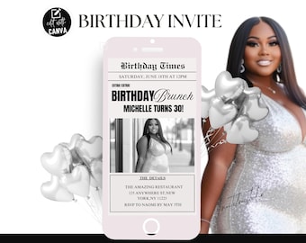 Digital Birthday Brunch Newspaper Invitation, Editable Birthday Party Newspaper Announcement, Birthday Flyer, Canva Birthday Party Template
