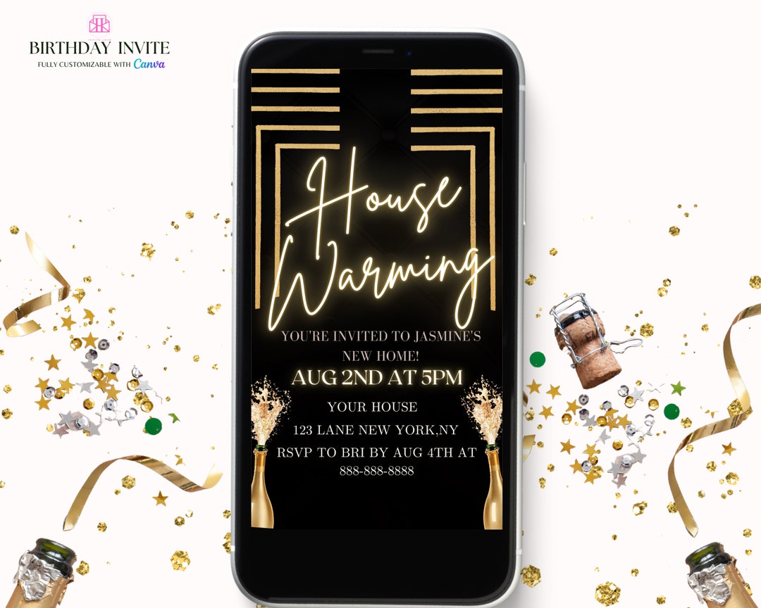 Black and Gold House Warming Invitation, Digital Gold New House Invite