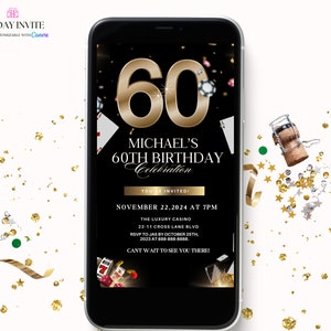 60th Men&#39;s Black and Gold Birthday Invitation, 60th Digital Birthday For Men Invite, Canva Editable Template Evite