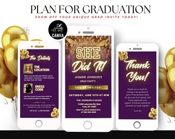 Digital She Did It Invitation, Editable Purple Grad Party Template, Graduation Flyer, Animated Canva Graduation Party Announcement