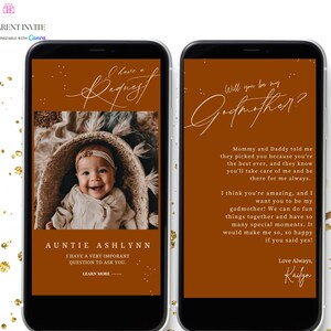 Invitación de propuesta de matrimonio ¿Quieres ser mi madrina?, foto de bebé bohemio en naranja quemado, propuesta de matrimonio ¿Quieres ser mi madrina?, plantilla editable de Canva Evite