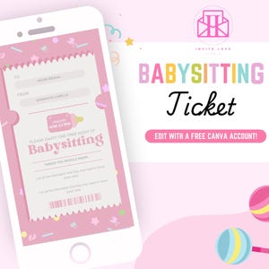 Cyfrowy szablon kuponu na opiekę nad dziećmi, edytowalny kupon upominkowy Canva Baby Sit, spersonalizowany mobilny certyfikat na opiekę nad dziećmi