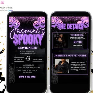 Purple Halloween Movie Night Invitation, Women&#39;s Halloween Spooky Movie Invite, Halloween Movie Party, Canva Editable Template Evite