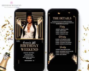 Black and Gold Birthday Birthday Weekend Invitation, Digital Birthday Girl Trip Invite, Digital Itinerary, Canva Editable Template Evite