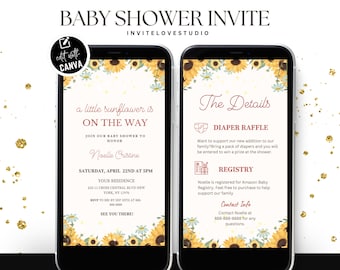 Editable Sunflower Baby Shower Invitation, Digital Sunflower Baby Shower Invite Bundle, Canva Template Announcement