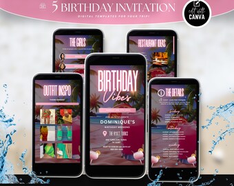 Invitación editable de fin de semana de cumpleaños, invitación digital para viaje de chicas por cumpleaños, itinerario de cumpleaños, plantilla editable de volante de Canva