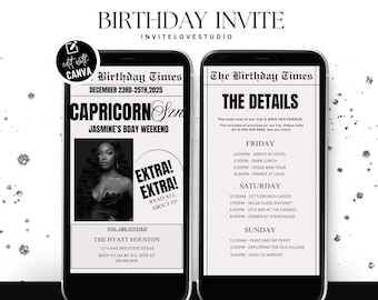 Invitación editable para el fin de semana de cumpleaños de Capricornio, invitación digital para el cumpleaños de Capricornio, itinerario de cumpleaños, plantilla de Canva