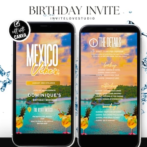 Mexico Birthday Weekend Invitation, Editable Birthday Girl Trip Invite, Bday Itinerary, Canva Editable Template Evite