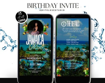 May include: Two smartphones displaying a birthday invitation with a tropical theme. The invitation features the text "Jamaica Vibes" and details for a weekend celebration, including a schedule of events and location information.