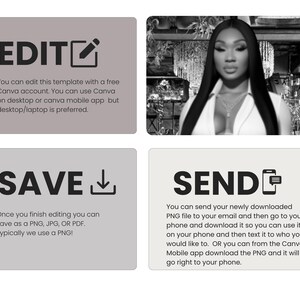 May include: A monochrome graphic with the word "EDIT" and instructions for using Canva. Below is "SAVE" with instructions on saving as a PNG, JPG, or PDF. The last graphic says "SEND" with instructions on sending the PNG file.