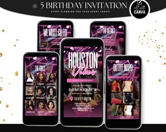 Editable Birthday Weekend Invitation, Digital Houston Birthday Girl Trip Invite, Bday Itinerary, Canva Editable Template Evite