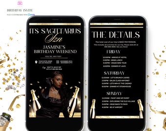 Black & Gold Sagittarius Birthday Weekend Invitation, Digital Birthday Girl Trip Invite, Digital Itinerary, Canva Editable Template Evite
