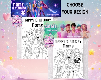 K-Pop Inspired Birthday Sticker Pack – Personalized Name Stickers – 6 Pack Party Favor – Custom Birthday Stickers – Choose Between 3 Designs