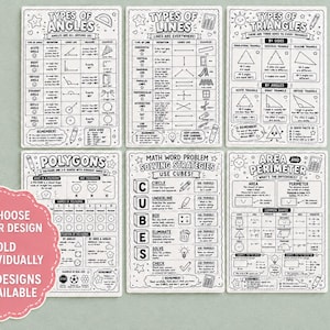 May include: Six educational math posters featuring black and white line art. Topics include Types of Angles, Types of Lines, Types of Triangles, Polygons, Math Word Problem Solving Strategies using CUBES, and Area and Perimeter with diagrams.
