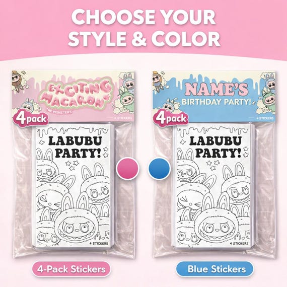 Labubu Inspired Party Sticker Pack - Custom Birthday Stickers - 4 Pack Party Favor - Personalized Name Stickers- Choose Style and Color