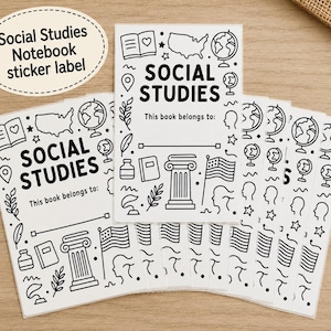 May include: A set of rectangular white sticker labels featuring black line art illustrations of a globe, a map of the United States, a column, a flag, and an inkwell. The text reads SOCIAL STUDIES and This book belongs to with a blank line.