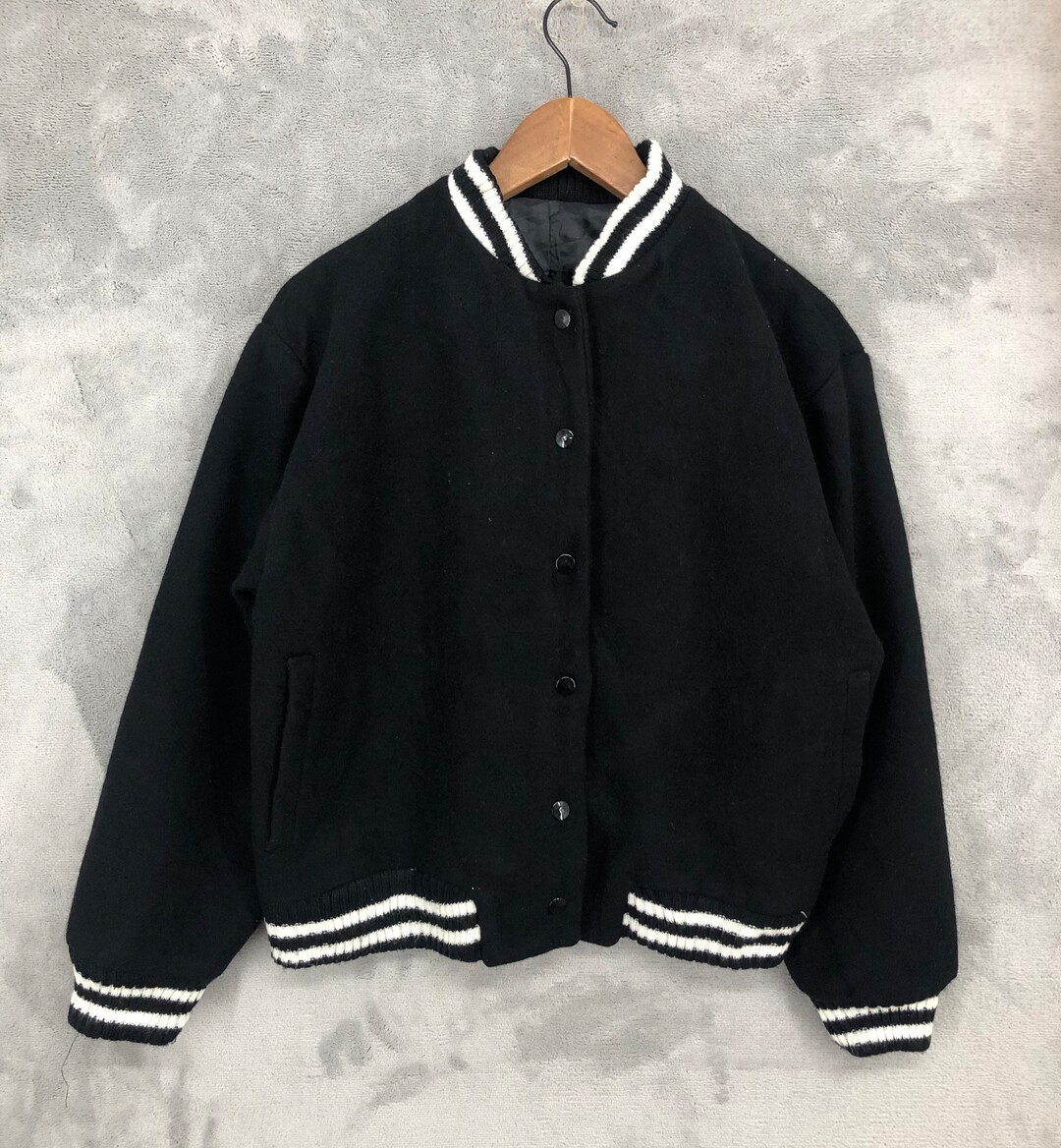 Vintage Black Wool Varsity Jacket: Women's Snap-button Bomber