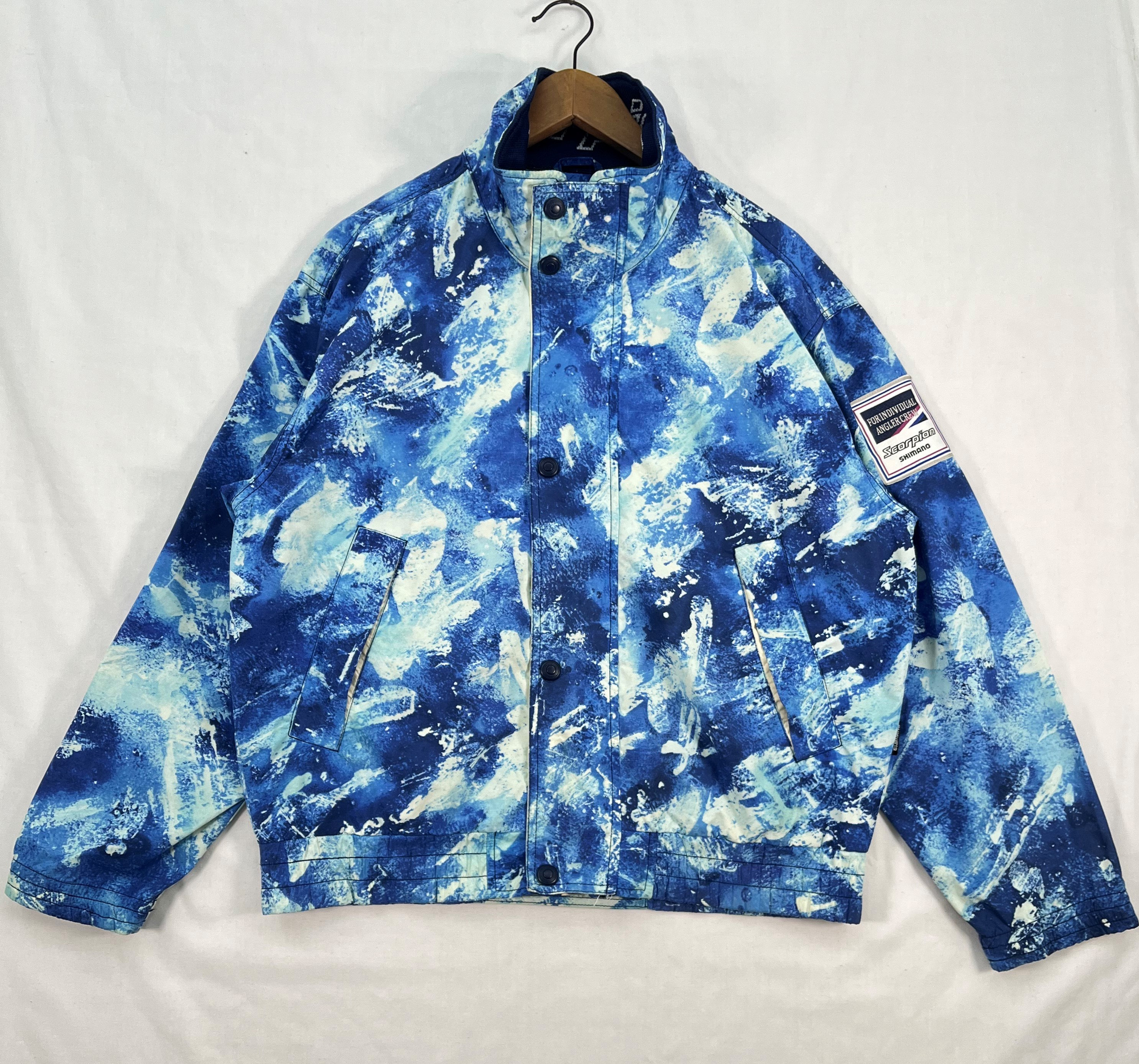 Vintage Scorpion Shimano Blue Paint Pattern Jacket Windbreaker Fishing Ocean Sportswear Men Women Size L