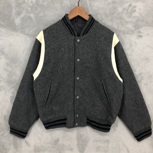 Vintage Japanese Grey Wool Varsity Women Jacket Small Snap Button Streetwear Casual Style Sports College University Size S