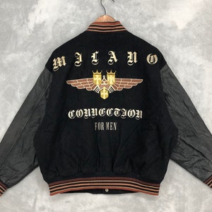 Vintage Milano Connection Varsity Wool Leather Letterman Milano Jacket Designer Black Bomber Men Size M