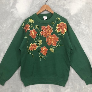Vintage 90er Jahre Jerzees Maple Leaf Art Sweatshirt Maple Leaf Malerei Großes Rundhals-Sweatshirt Grün Made in USA Herbst Druck Männer Frauen Größe L