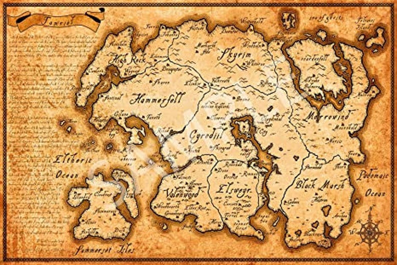 Skyrim Topographic World Map Gamer Decor Skyrim Decor Etsy