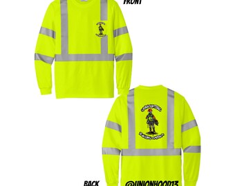 May include: A yellow long-sleeve shirt with reflective tape and a graphic of a construction worker on the back. The text on the back reads "Carpenter's Building America" and "@unionhood13".