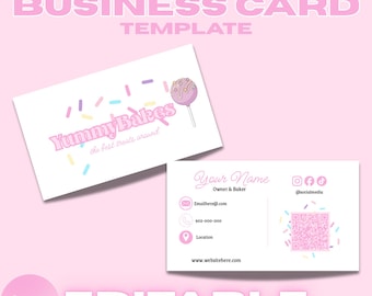 Bewerkbaar kawaii-bakkerijvisitekaartje, pastelroze cakepop-branding (canvasjabloon)