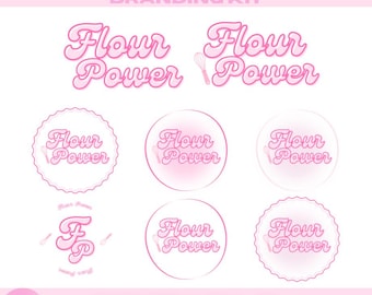 Sjabloon retro bakkerijlogo, Pink Flour Power-brandingkit (canva bewerkbaar, digitale download)