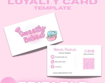Bewerkbaar kawaii-bakkerijvisitekaartje, pastelroze Baker-branding (canvasjabloon)