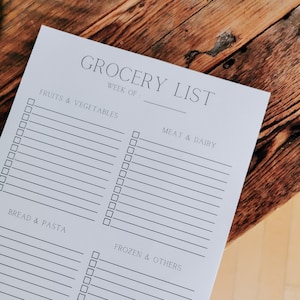 May include: A printable grocery list template with checkboxes for fruits and vegetables, meat and dairy, bread and pasta, and frozen and other items. The list has the text "Grocery List" and "Week of:" at the top.