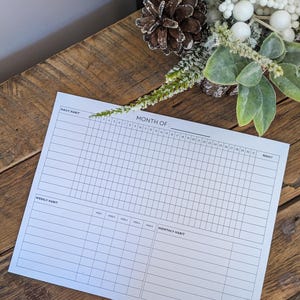 May include: A white habit tracker sheet with a grid layout for daily, weekly, and monthly habits. The sheet includes the text "Month of:" and spaces for tracking results. The sheet is on a wooden surface with decorative greenery.