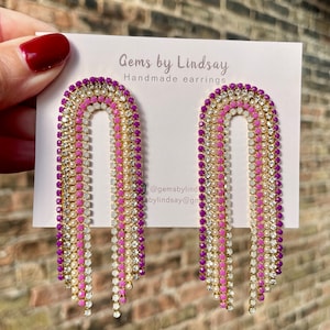 Pink and purple rhinestone fringe statement earrings