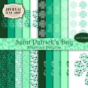 May include: A set of 20 digital paper patterns featuring shamrock designs in various shades of green and white. The patterns are perfect for crafting projects, scrapbooking, and digital design.