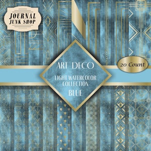 Puede incluir: Un conjunto de 20 papeles digitales con patrones Art Deco en azul claro y dorado. Los papeles están diseñados para su uso en scrapbooking, creación de tarjetas y otras manualidades de papel. Los papeles están etiquetados como "Art Deco Light Watercolor Collection Blue".