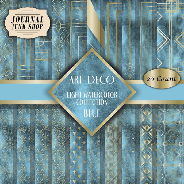 Light Blue- Art Deco Light Watercolor Collection in Blue- Vintage, Gold,  1930's, Geometric, Digital Paper, Digital Downloads, Printable