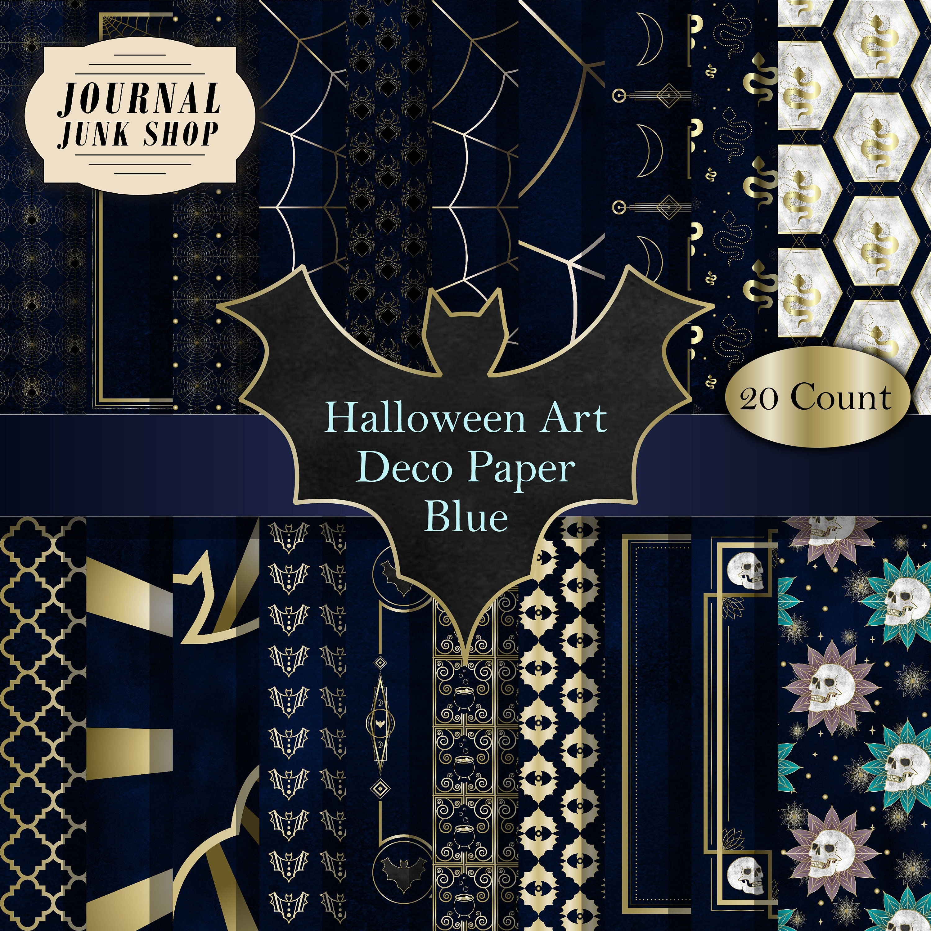 Blue Art Deco Halloween in Blue Skulls, Spiders, Snakes, , Fall, Autumn, Spooky, Ghoulish