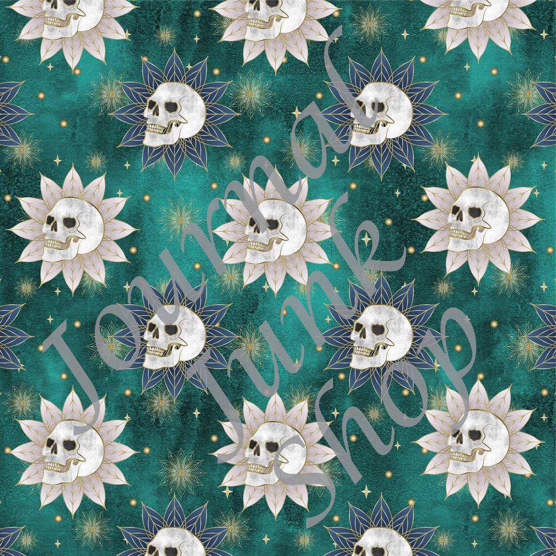 Teal Art Deco Halloween in Teal Skulls, Spiders, Snakes, , Fall