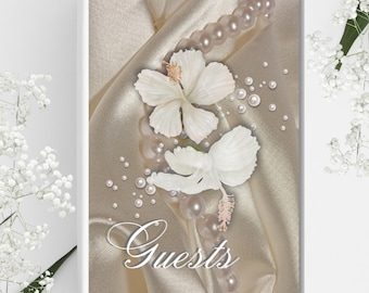 Guests. Guestbook. Thoughtful Keepsakes and Lasting Precious Memories. Beauty of Satin Pearl Colors with Tropical-Themed Elegance.