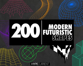 May include: A black and white graphic with the text "200 MODERN FUTURISTIC SHAPES" and the text "HYPECURRENT" at the bottom. The graphic features a variety of geometric shapes in different colors, including red, orange, yellow, green, blue, and purple.