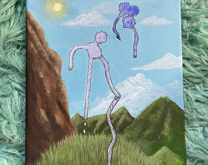 Original Drip Monster Painting: Mountain Landscape Canvas Art