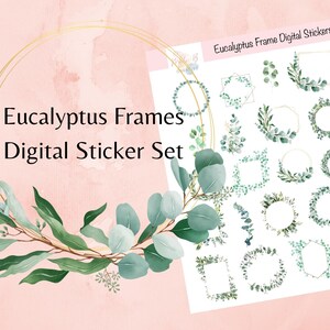 Könnte beinhalten: Digitaler Sticker-Set mit 20 Eukalyptusrahmen in verschiedenen Formen und Größen. Die Rahmen sind perfekt, um Ihren digitalen Planer, Ihr Tagebuch oder andere Projekte mit einem Hauch von Grün zu verschönern.