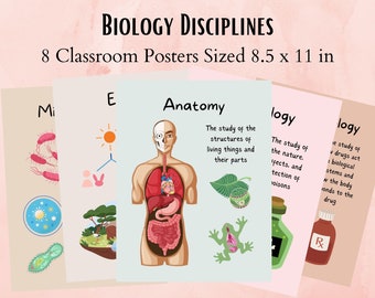 Può includere: Otto poster colorati con illustrazioni e testo su diverse discipline della biologia. I poster sono intitolati "Microbiologia", "Ecologia", "Anatomia", "Farmacologia", "Zoologia", "Botanica", "Genetica" e "Evoluzione".